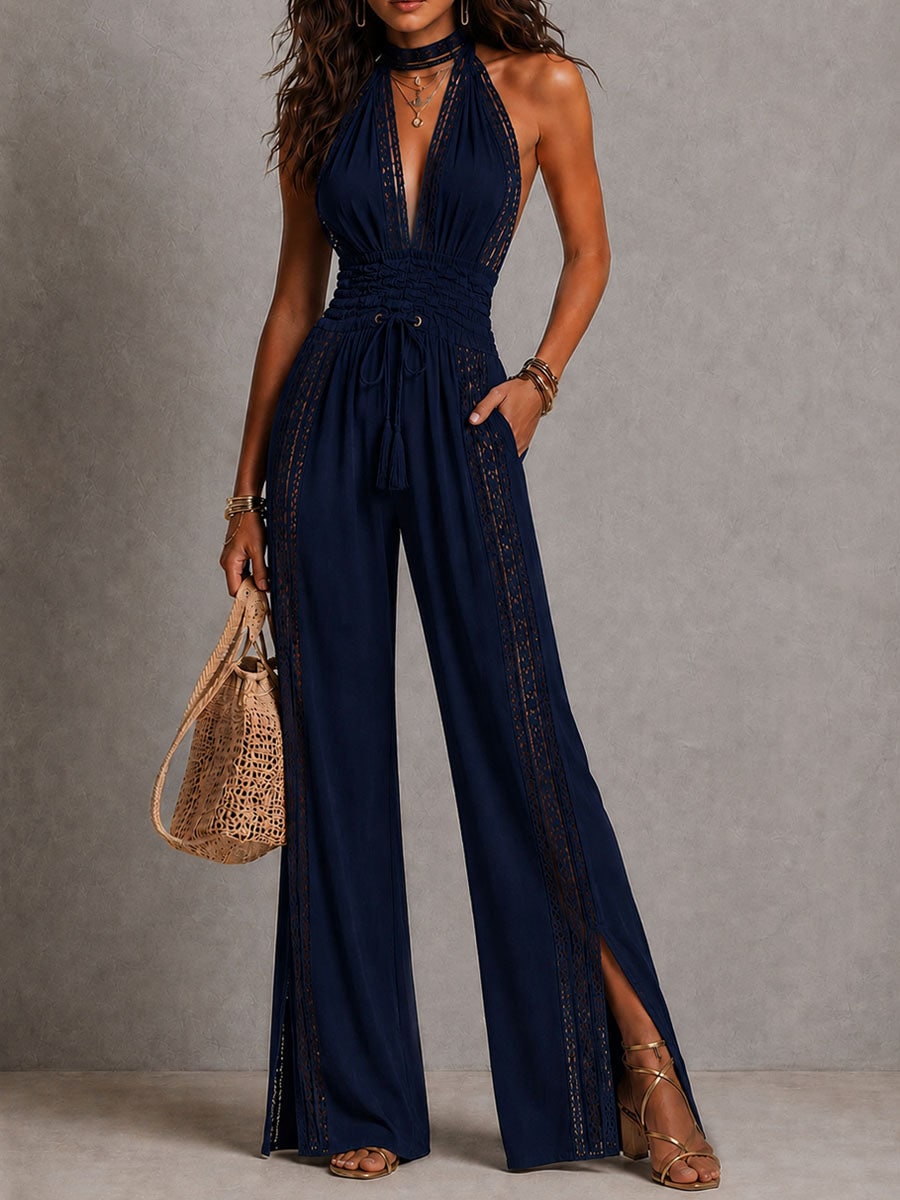Boho Lace Panel Smocked Waist Wide Leg One-Piece Jumpsuit for Women - Midnight Blue