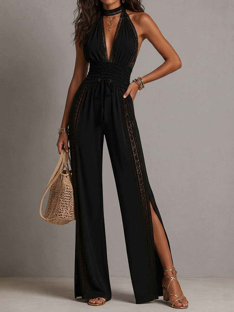 Boho Lace Panel Smocked Waist Wide Leg One-Piece Jumpsuit for Women