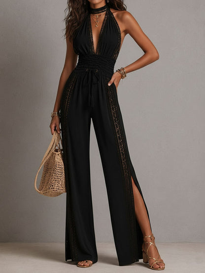 Boho Lace Panel Smocked Waist Wide Leg One-Piece Jumpsuit for Women