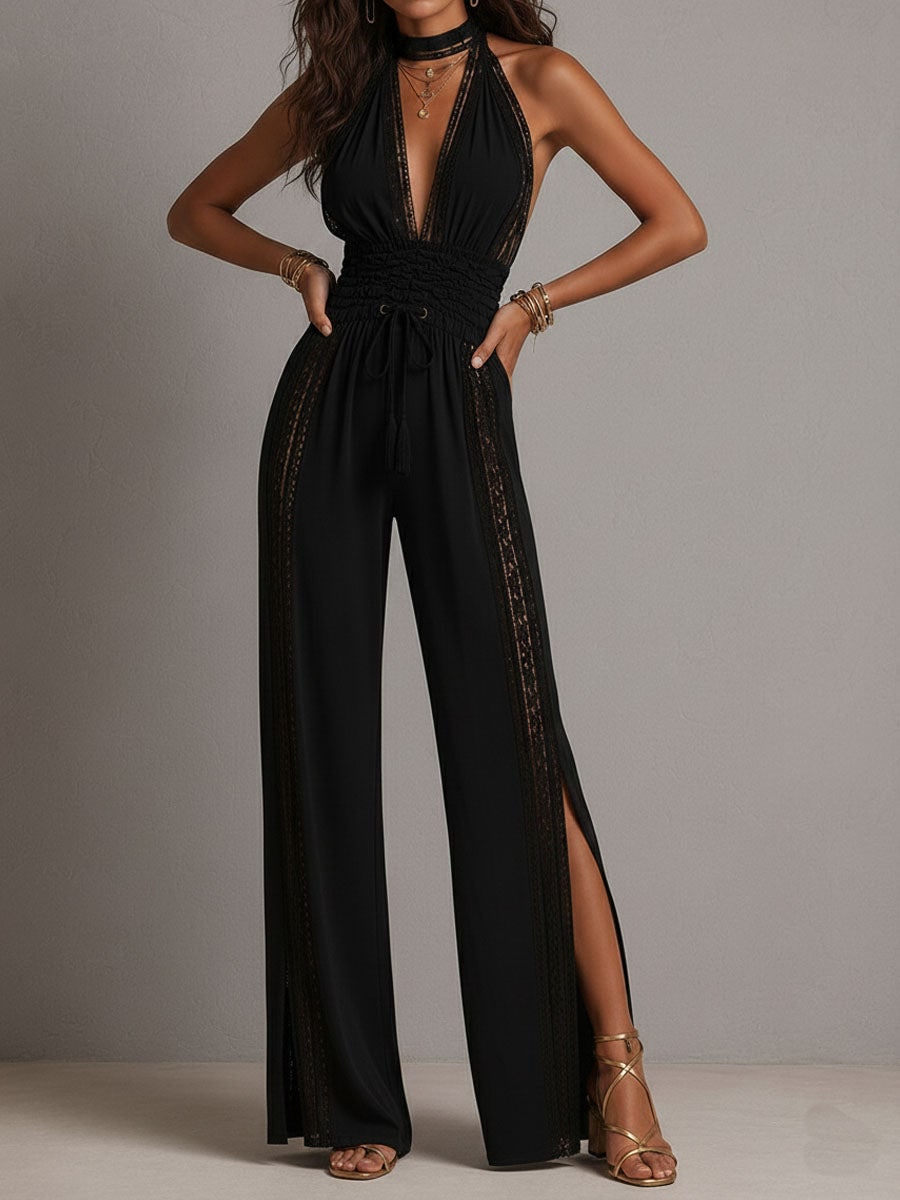 Boho Lace Panel Smocked Waist Wide Leg One-Piece Jumpsuit for Women