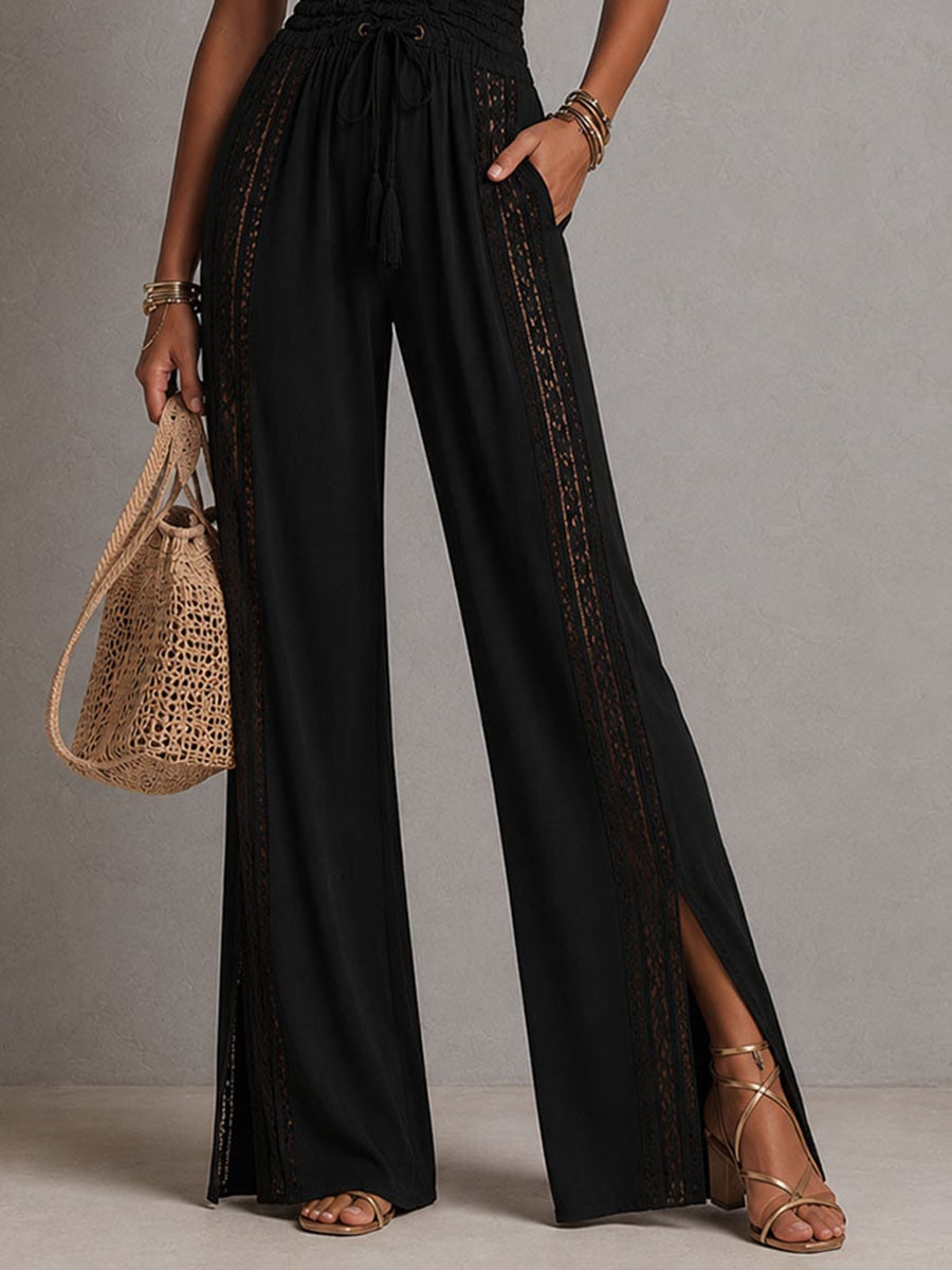 Boho Lace Panel Smocked Waist Wide Leg One-Piece Jumpsuit for Women