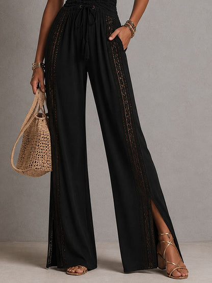 Boho Lace Panel Smocked Waist Wide Leg One-Piece Jumpsuit for Women