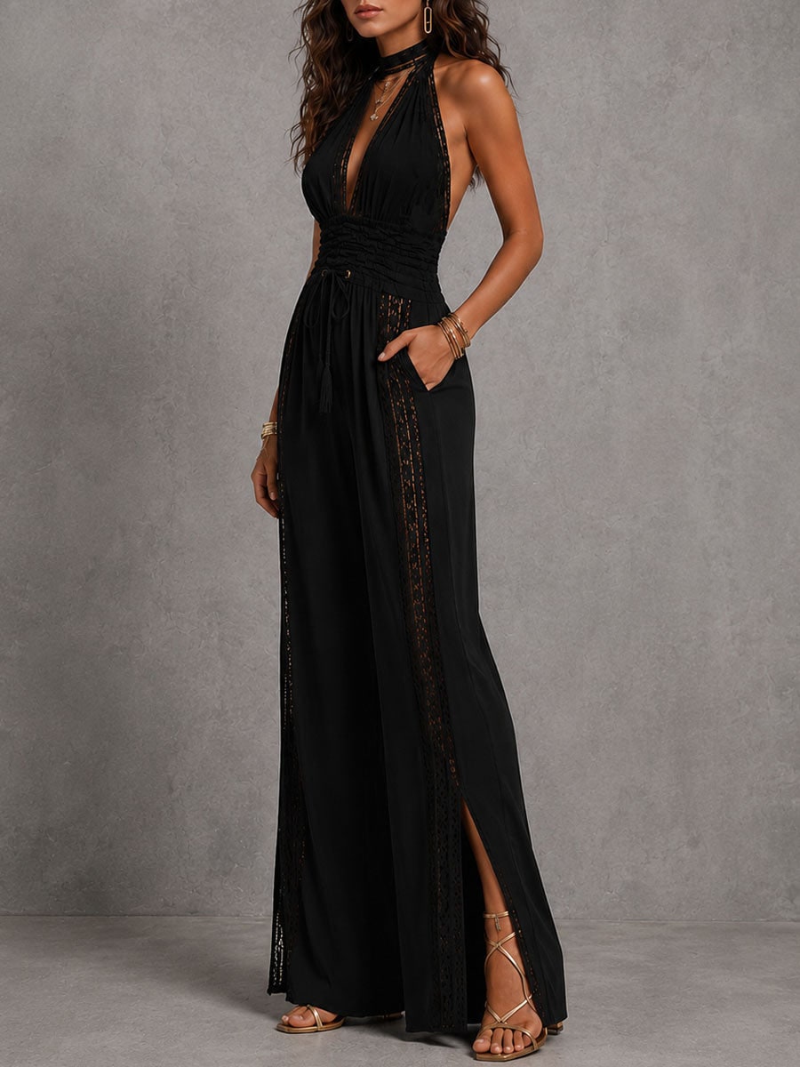 Boho Lace Panel Smocked Waist Wide Leg One-Piece Jumpsuit for Women