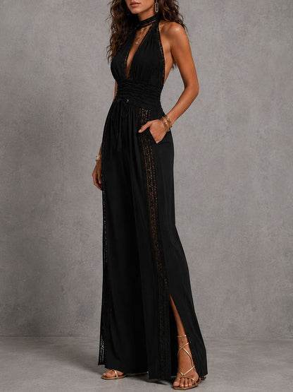 Boho Lace Panel Smocked Waist Wide Leg One-Piece Jumpsuit for Women