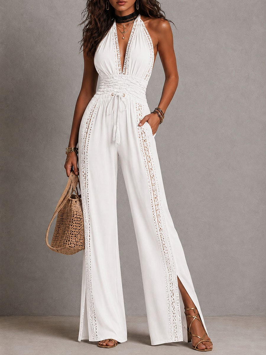 Boho Lace Panel Smocked Waist Wide Leg One-Piece Jumpsuit for Women - White