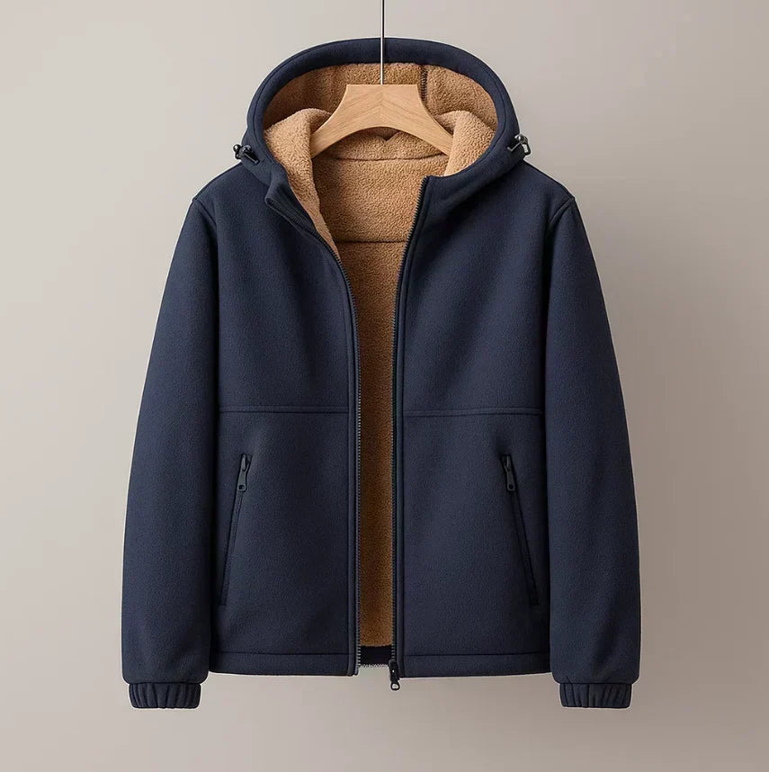 Fleece-Lined Hooded Zip-Up Jacket for Men - Navy Blue