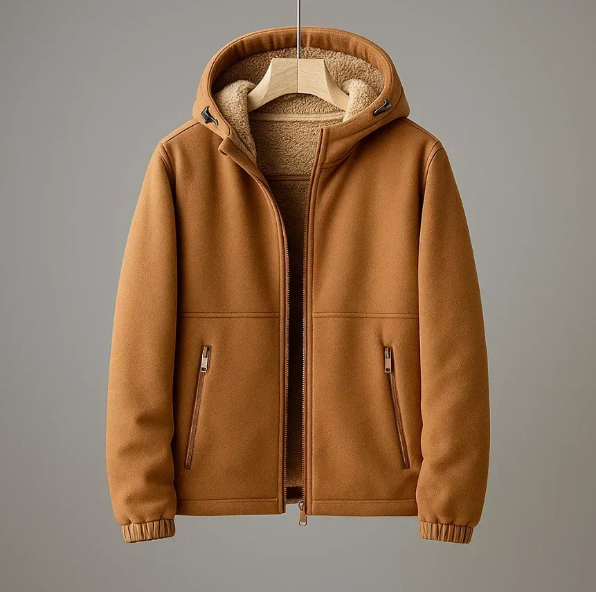 Fleece-Lined Hooded Zip-Up Jacket for Men - Light Brown