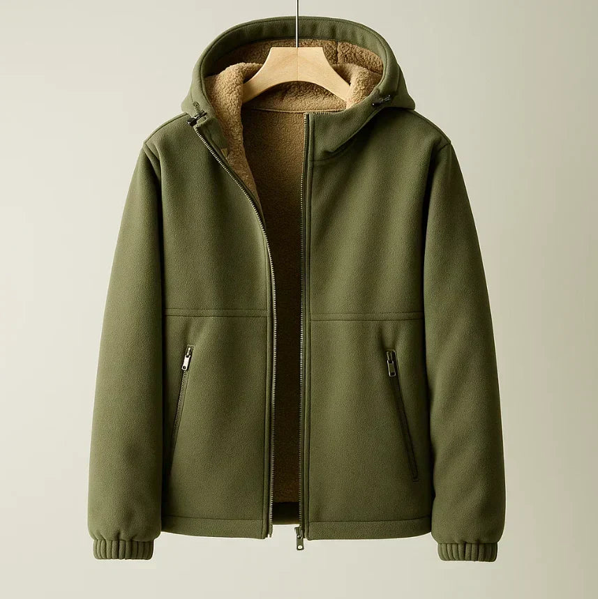 Fleece-Lined Hooded Zip-Up Jacket for Men - Olive Green