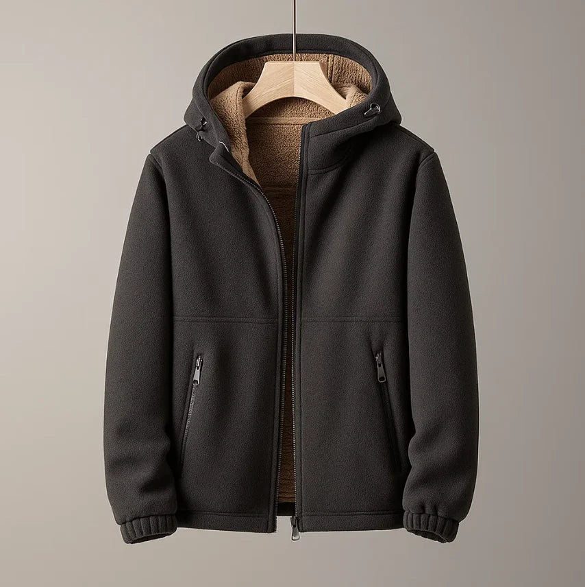 Fleece-Lined Hooded Zip-Up Jacket for Men - Black