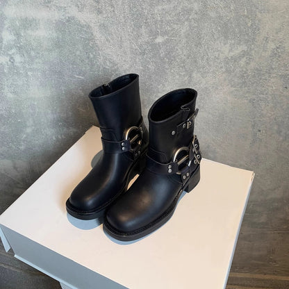 Buckle Moto Ankle Boots - Bootie Black
