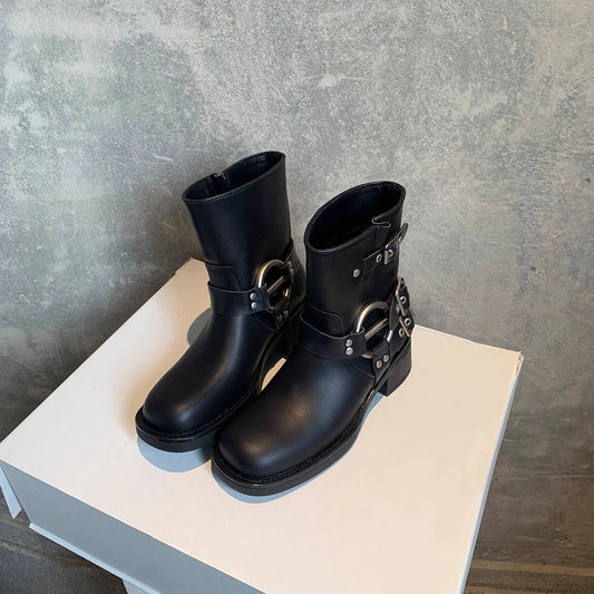 Buckle Moto Ankle Boots - Bootie Black