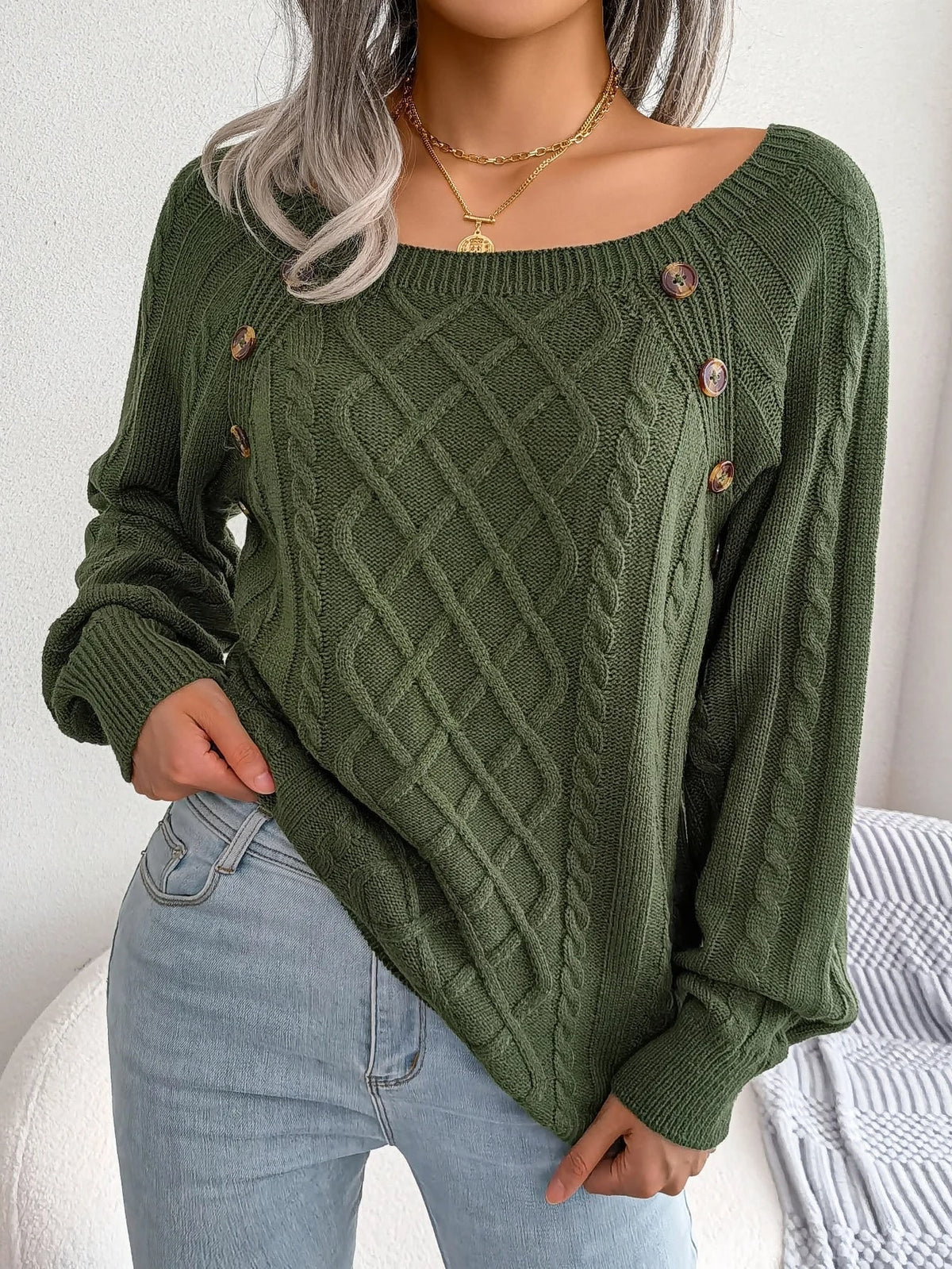 Cable-Knit Oversized Sweater for Women - Army Green