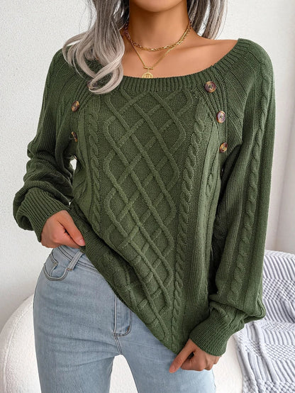 Cable-Knit Oversized Sweater for Women - Army Green