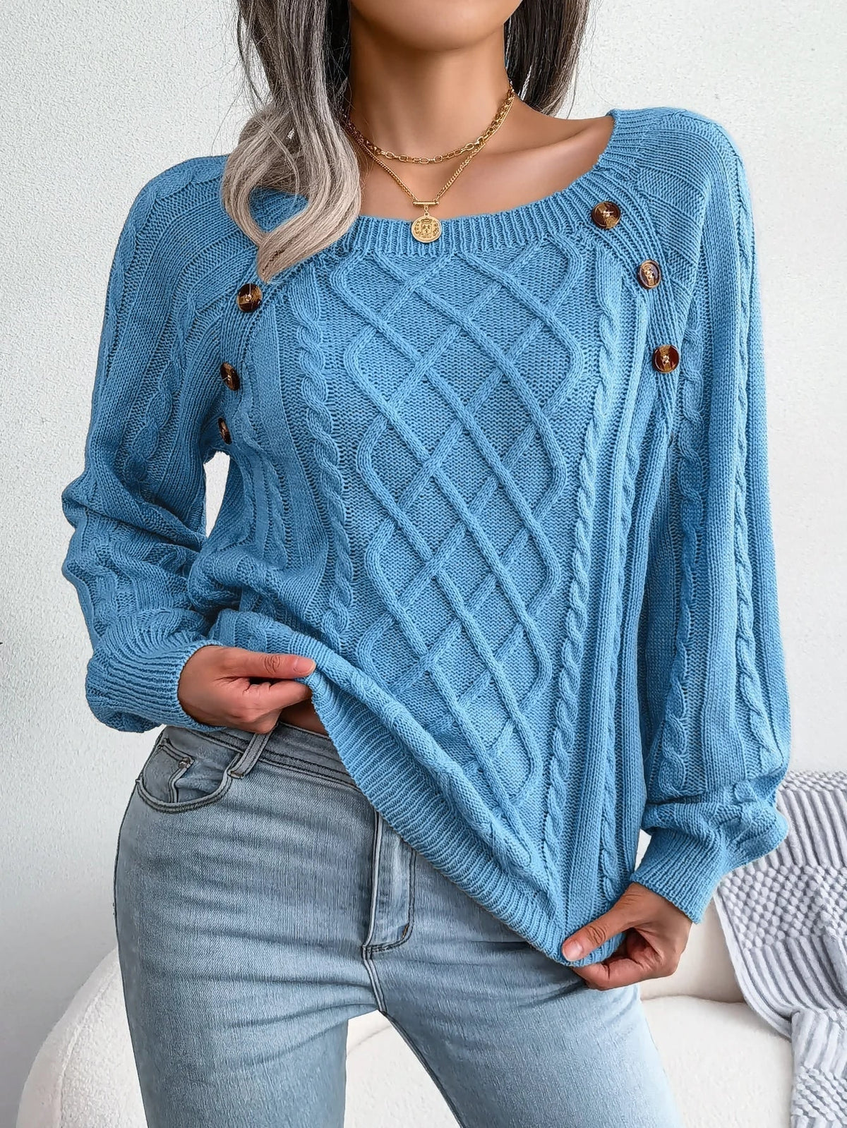 Cable-Knit Oversized Sweater for Women - Blue
