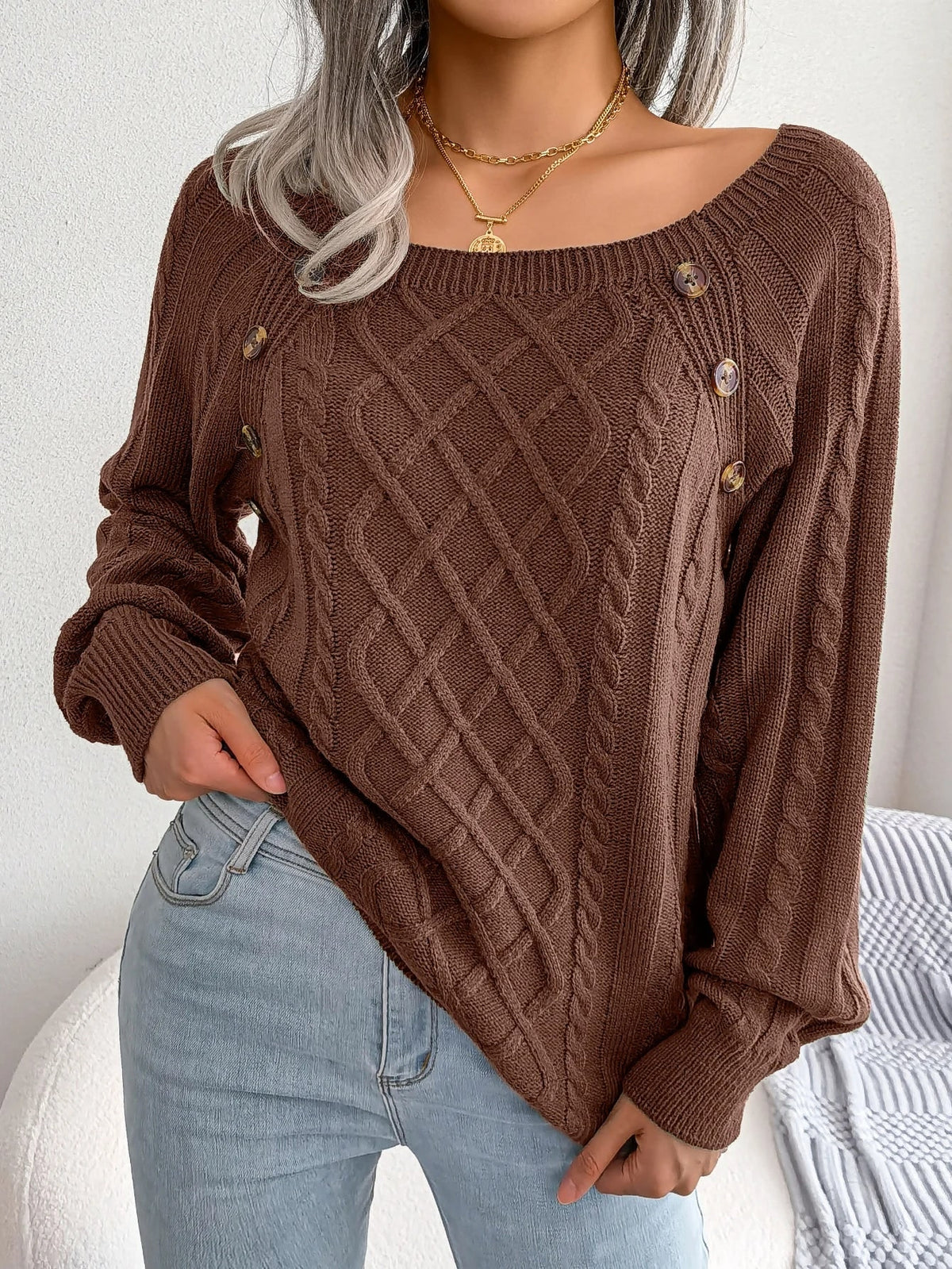 Cable-Knit Oversized Sweater for Women - Brown