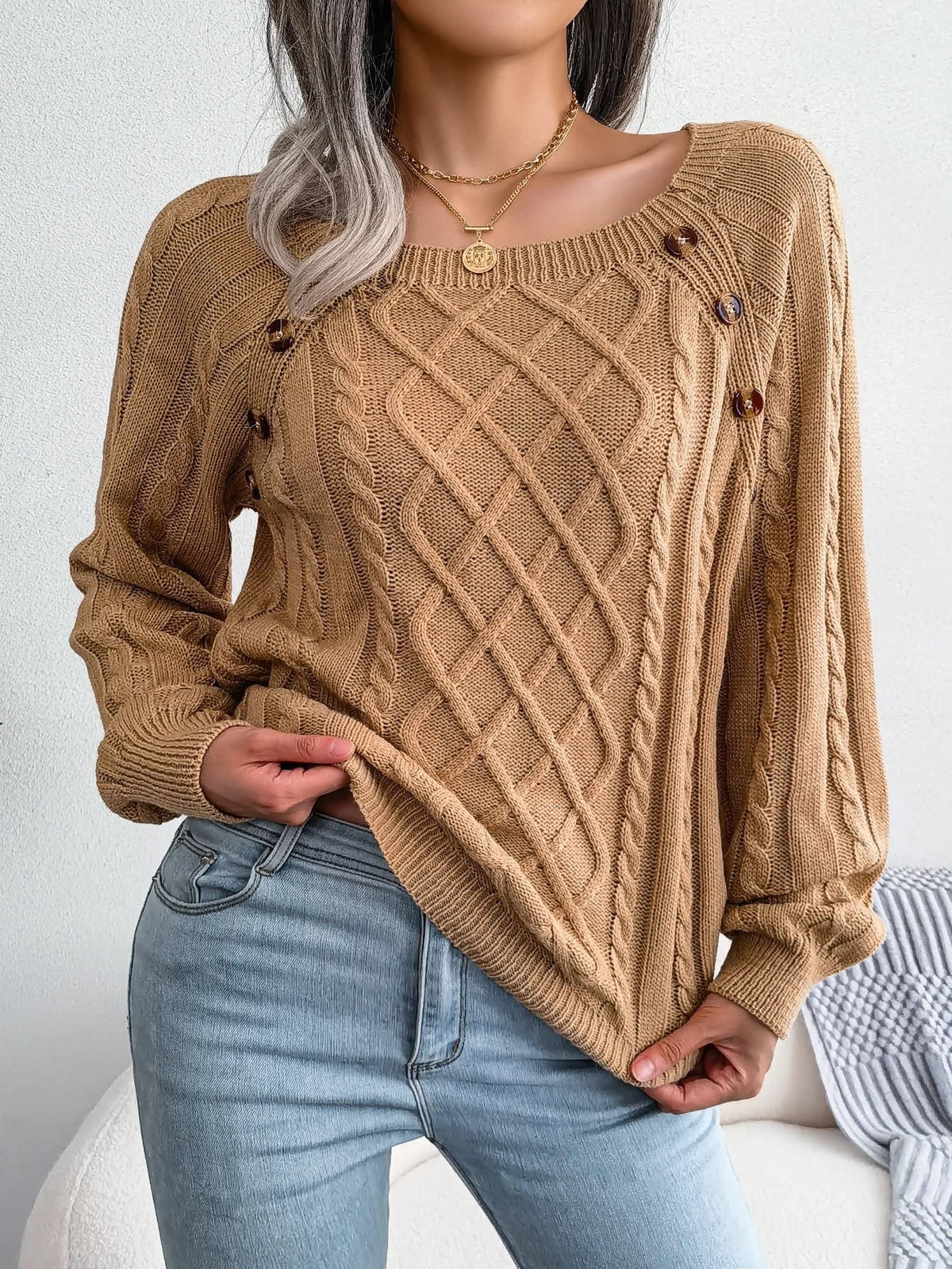 Cable-Knit Oversized Sweater for Women - Khaki