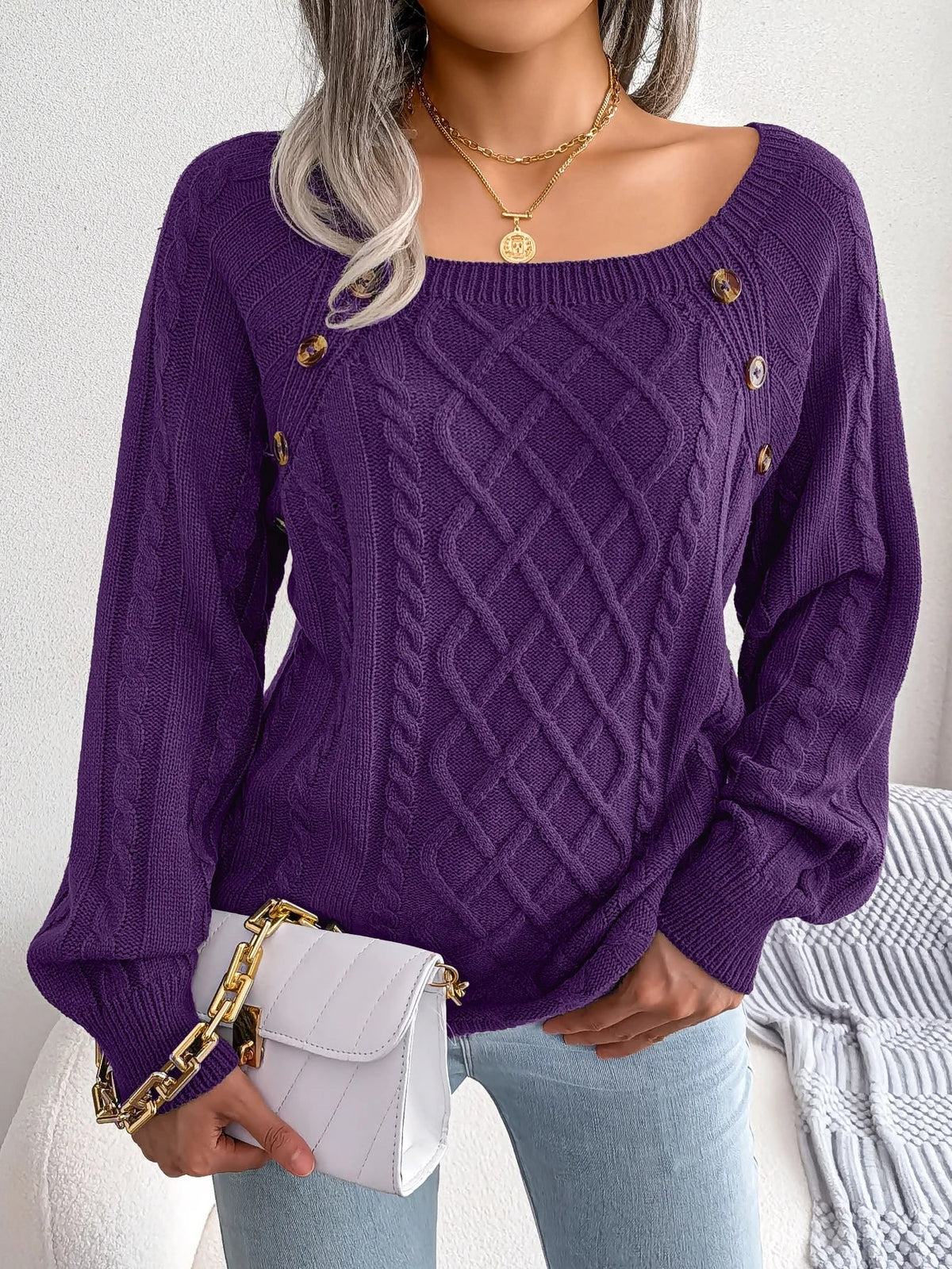 Cable-Knit Oversized Sweater for Women - Purple