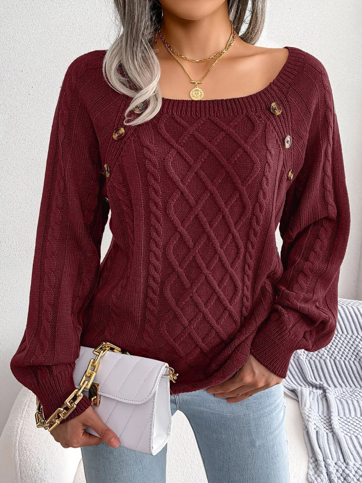 Cable-Knit Oversized Sweater for Women - Red