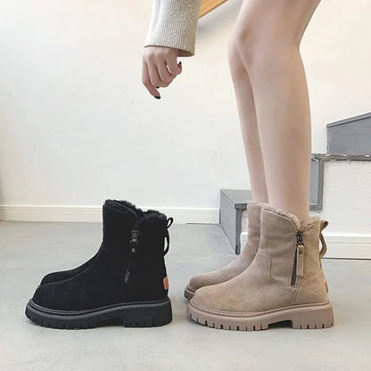 Suede Ankle Boots Chunky Sole Side-Zip Fur-Lined for Women