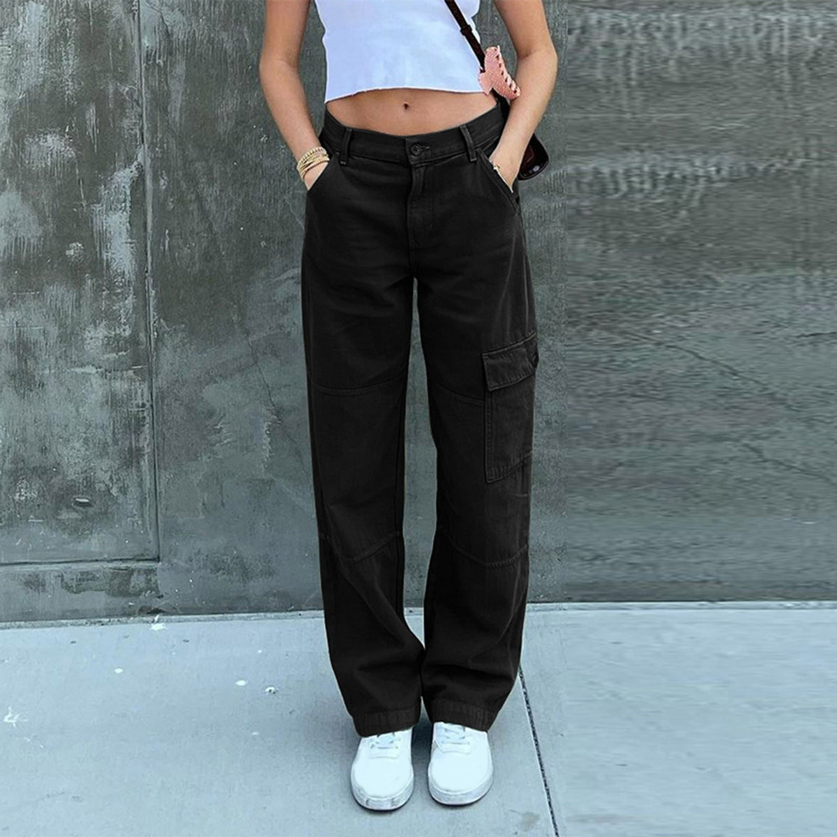 Casual Cotton Cargo Pants for Women - Black