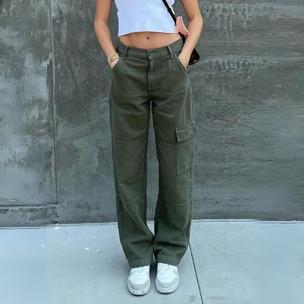 Casual Cotton Cargo Pants for Women - Olive Green