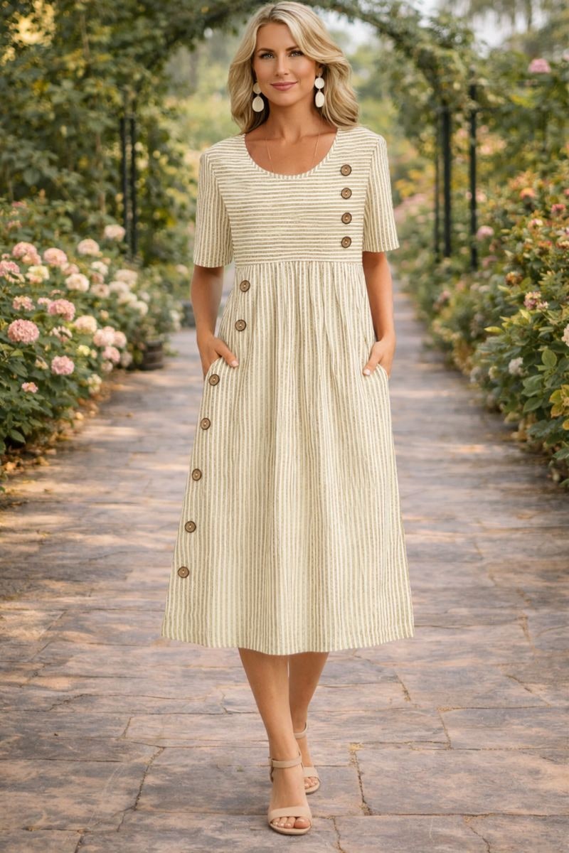 Casual Striped Midi Dress - Beige