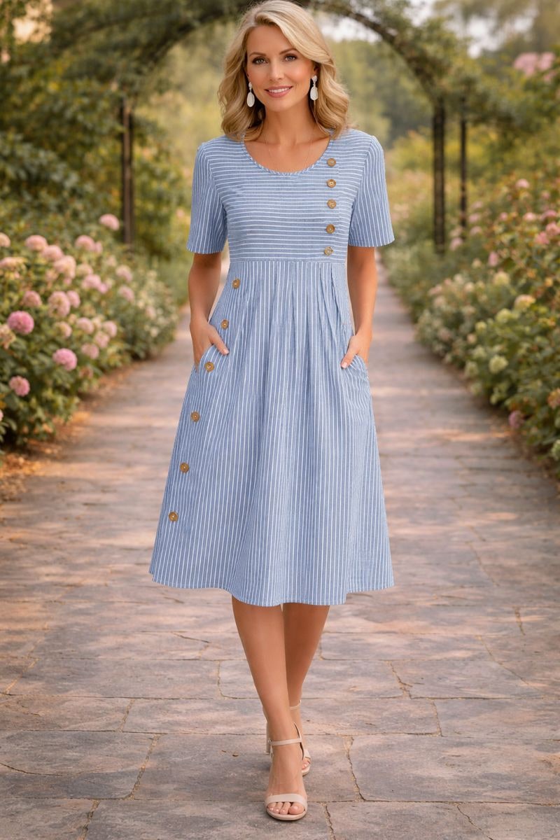 Casual Striped Midi Dress - Blue