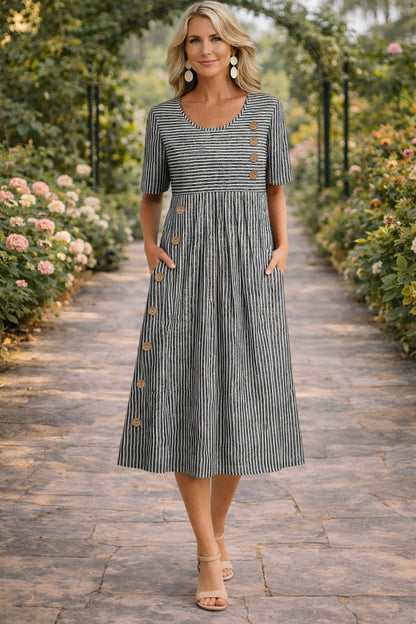 Casual Striped Midi Dress - Grey
