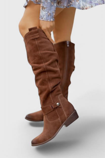 Suede Slouchy Knee-High Boots with Low Heel for Women - Dark Brown