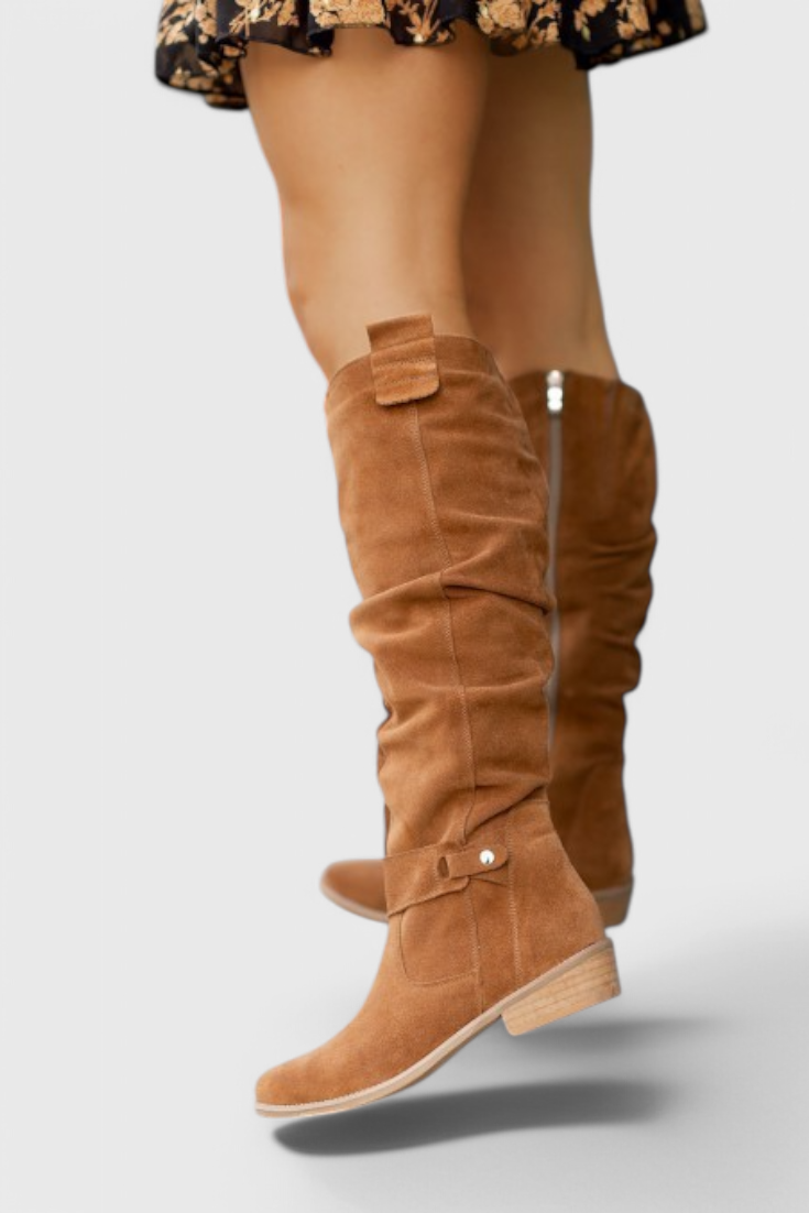 Suede Slouchy Knee-High Boots with Low Heel for Women - Brown