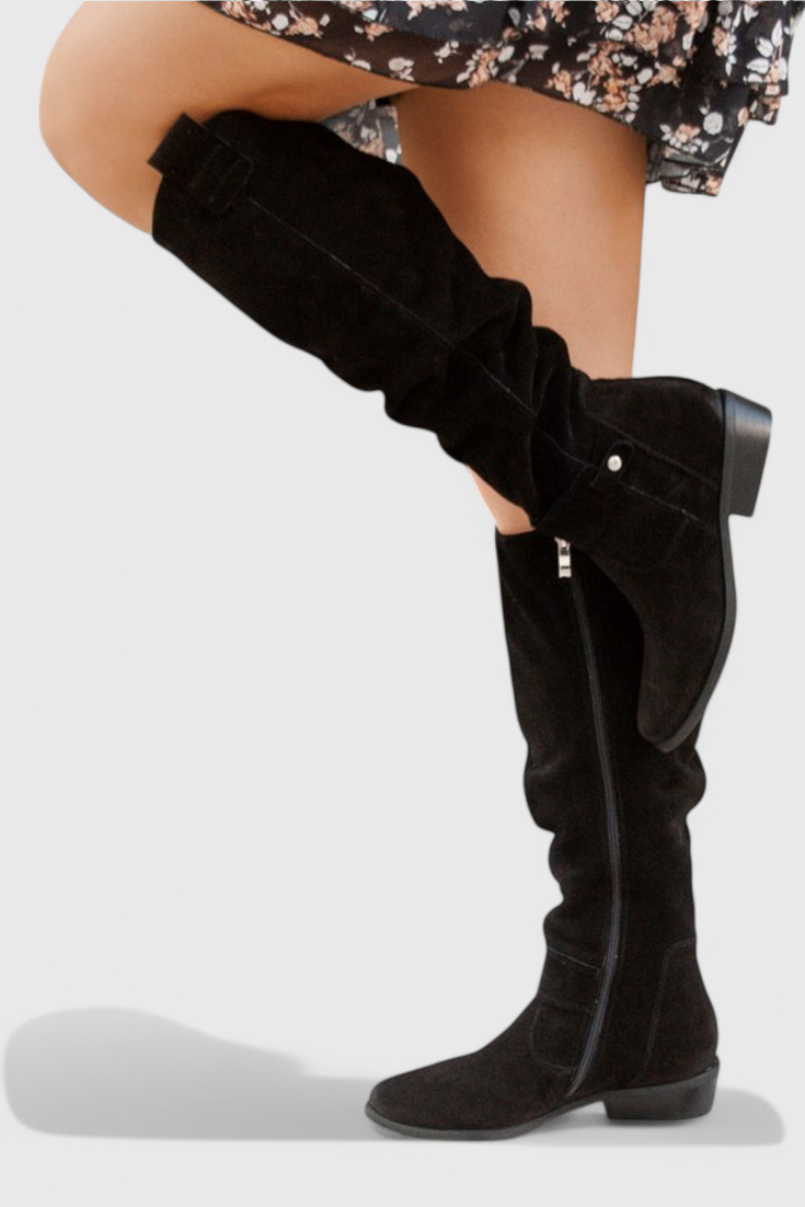 Suede Slouchy Knee-High Boots with Low Heel for Women - Black