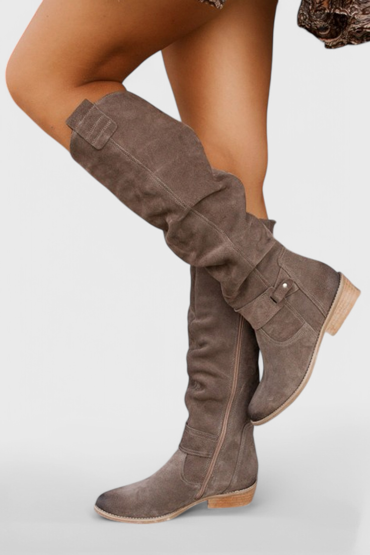 Suede Slouchy Knee-High Boots with Low Heel for Women - Grey