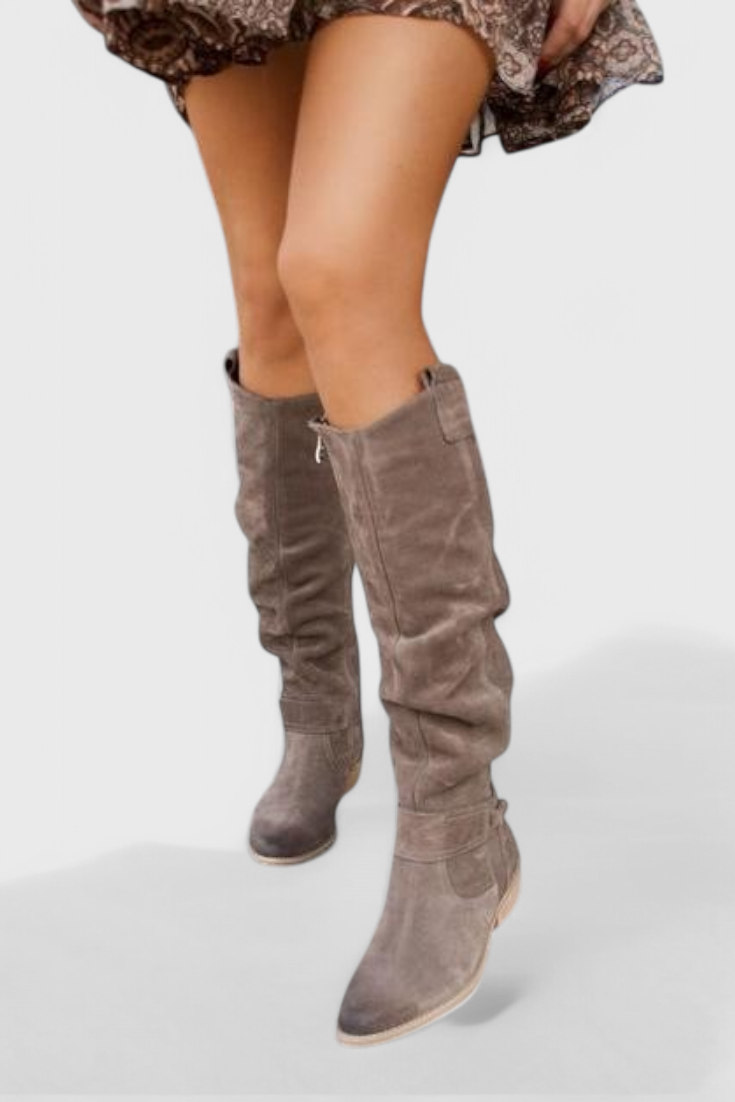 Suede Slouchy Knee-High Boots with Low Heel for Women