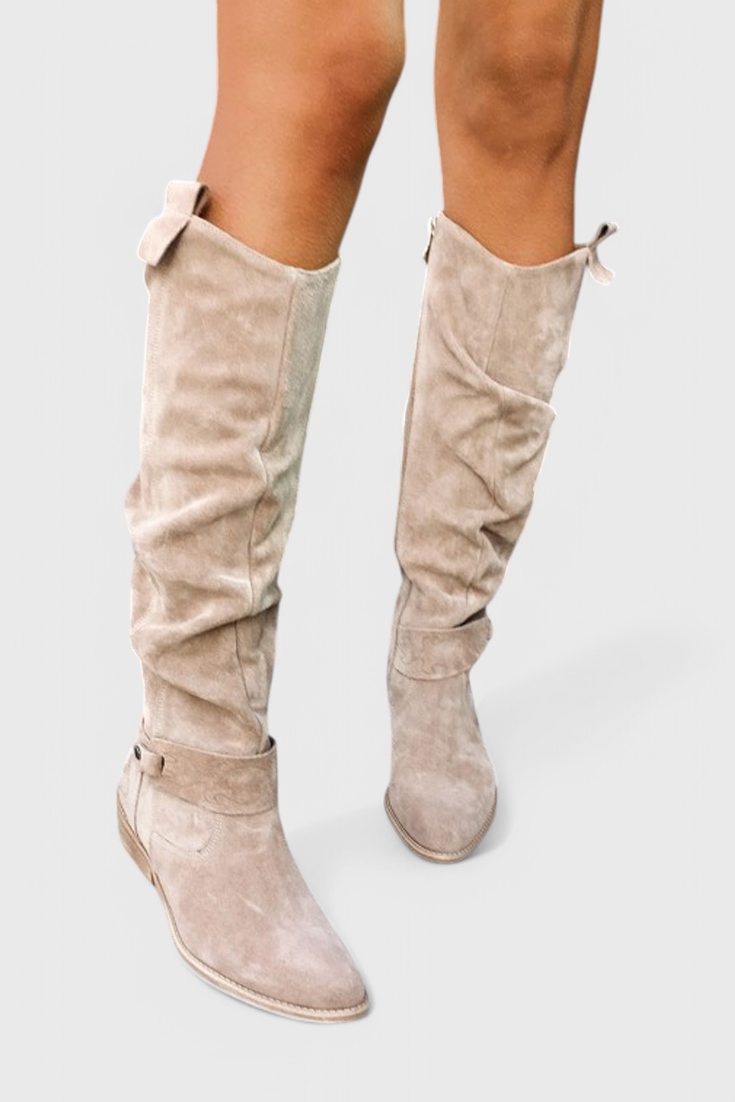 Suede Slouchy Knee-High Boots with Low Heel for Women