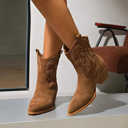 Western Pointed-Toe Block-Heel Suede Boots for Women - Brown