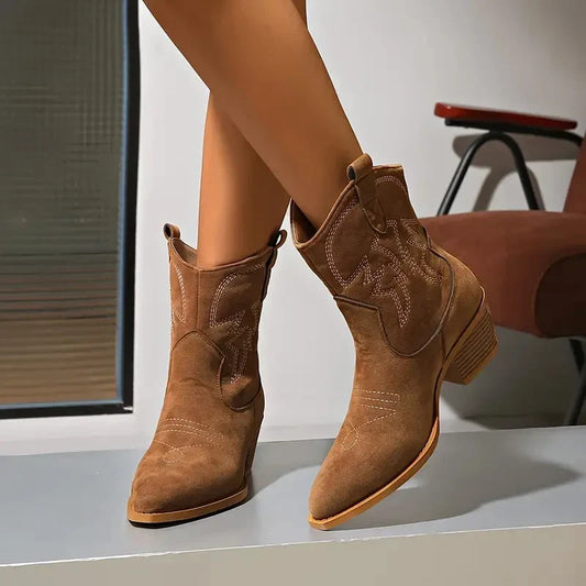 Western Pointed-Toe Block-Heel Suede Boots for Women - Brown