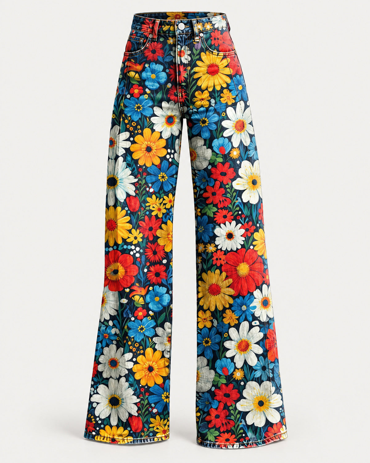 Floral Print High-Waist Wide-Leg Denim Jeans for Women – clean studio photo