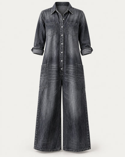 Button-Up Denim Jumpsuit for Women – clean studio photo