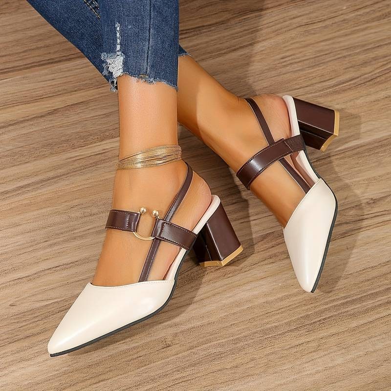 Closed-Toe Pointed Slingback Block Heel Shoes for Women - Beige