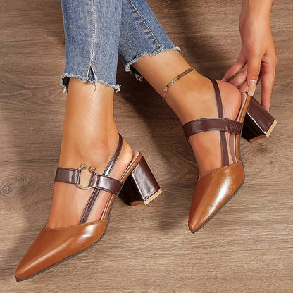 Closed-Toe Pointed Slingback Block Heel Shoes for Women - Brown