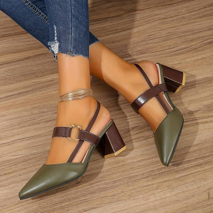 Closed-Toe Pointed Slingback Block Heel Shoes for Women - Green