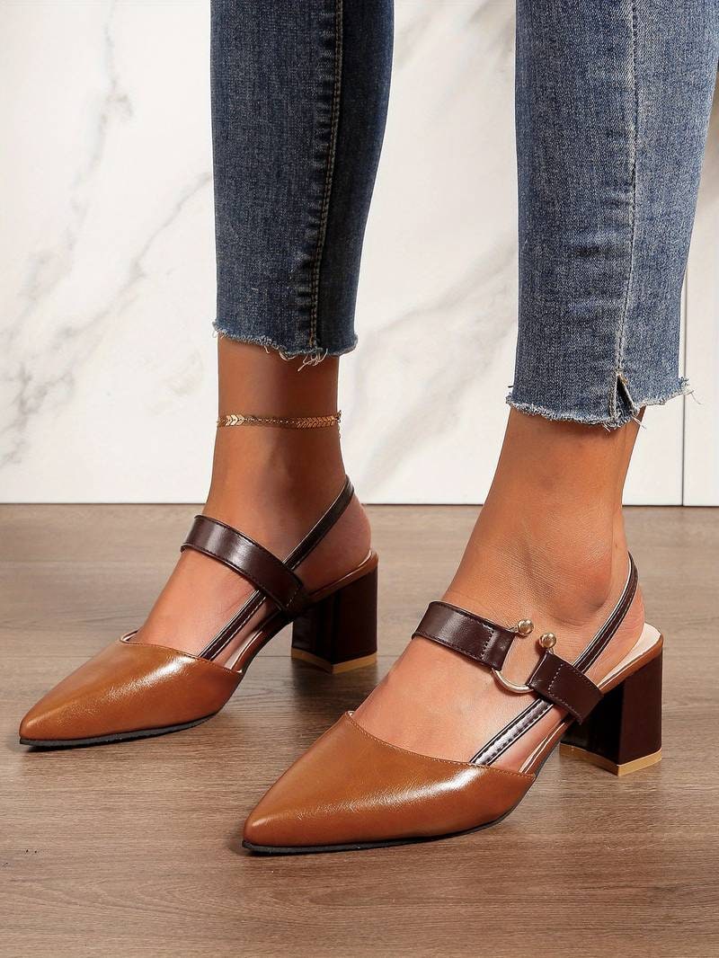 Closed-Toe Pointed Slingback Block Heel Shoes for Women