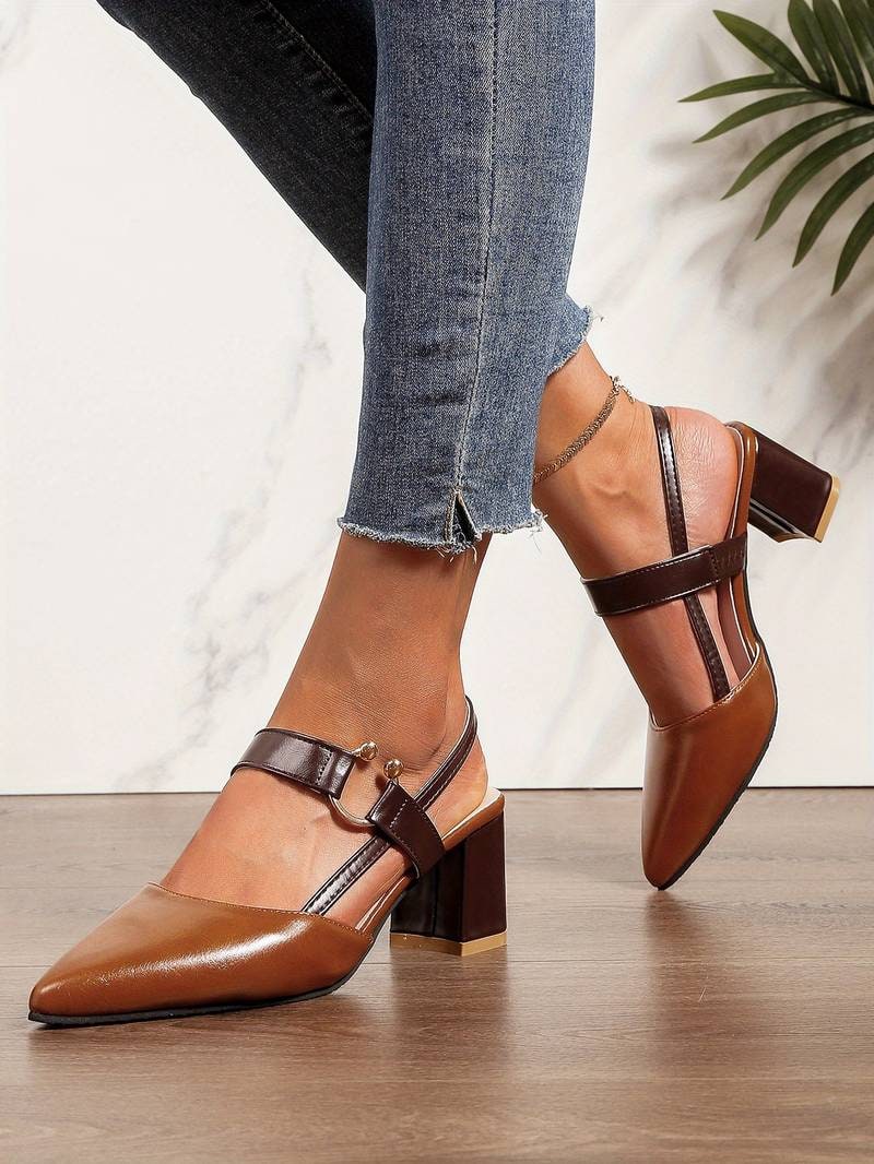 Closed-Toe Pointed Slingback Block Heel Shoes for Women