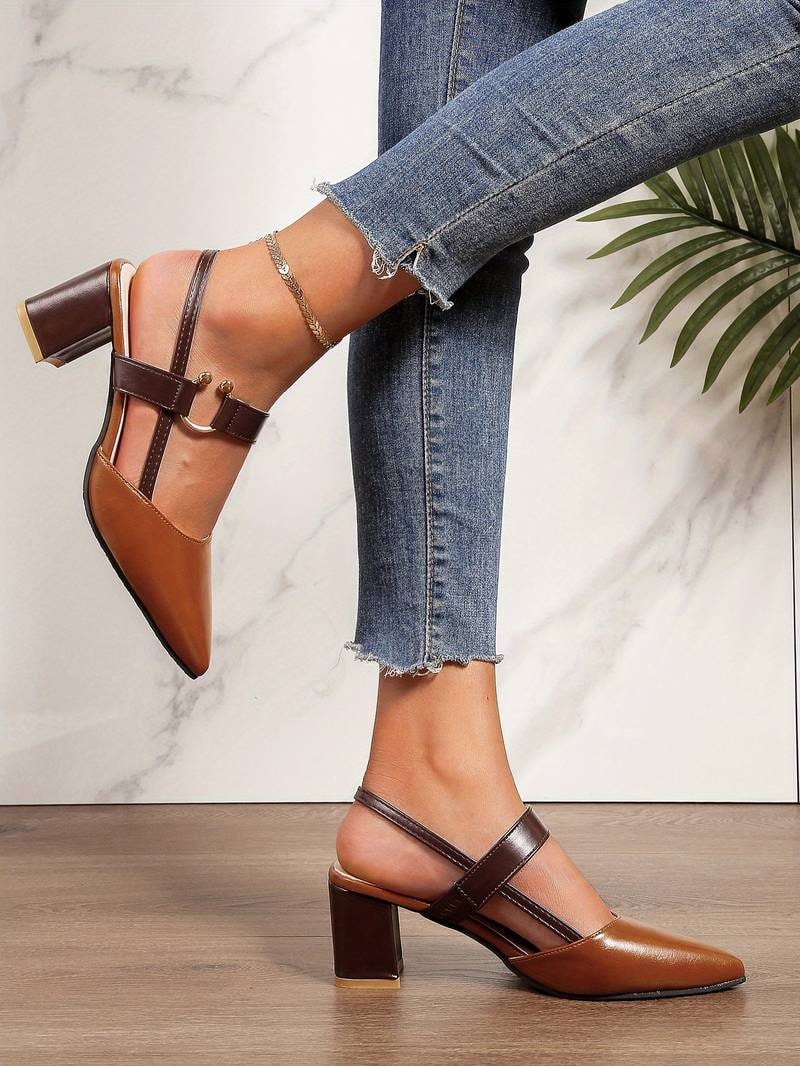Closed-Toe Pointed Slingback Block Heel Shoes for Women