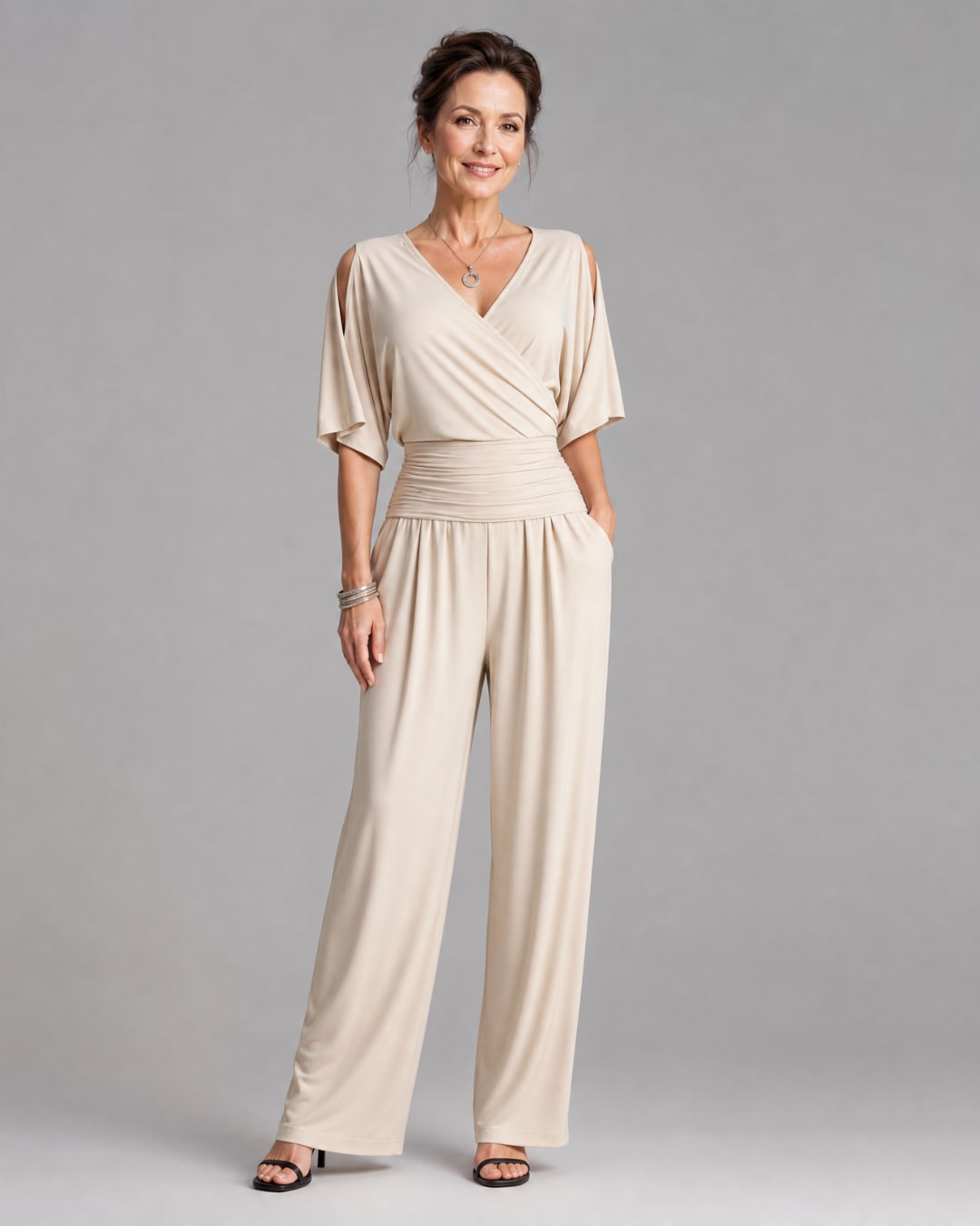 Cold Shoulder Wrap Waist Relaxed Jumpsuit for Women - Beige