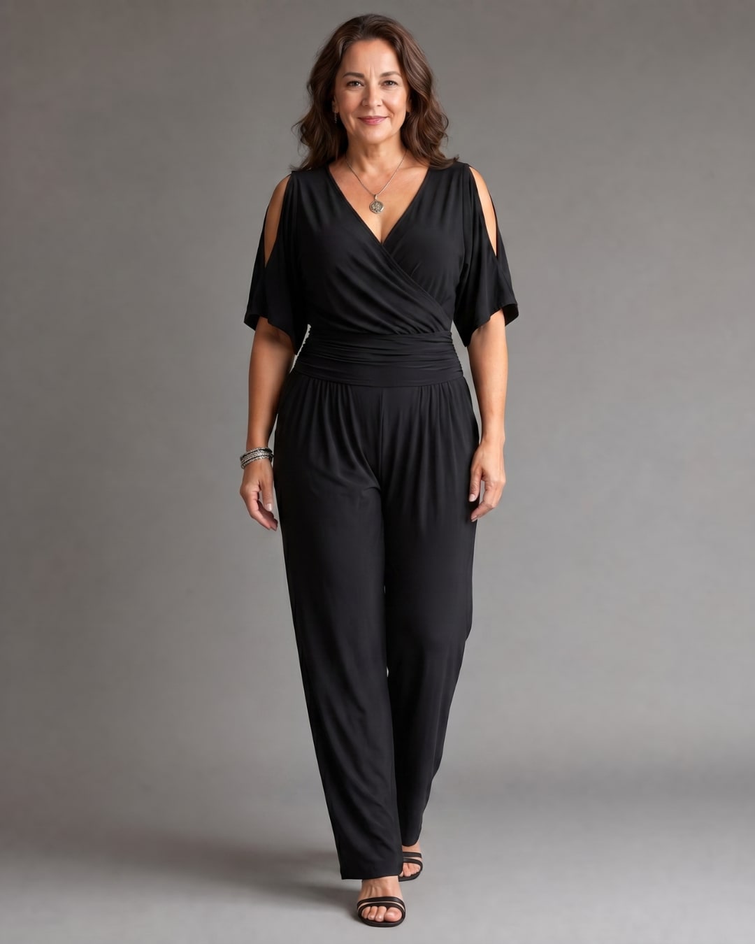 Cold Shoulder Wrap Waist Relaxed Jumpsuit for Women - Black
