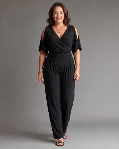 Cold Shoulder Wrap Waist Relaxed Jumpsuit for Women - Black
