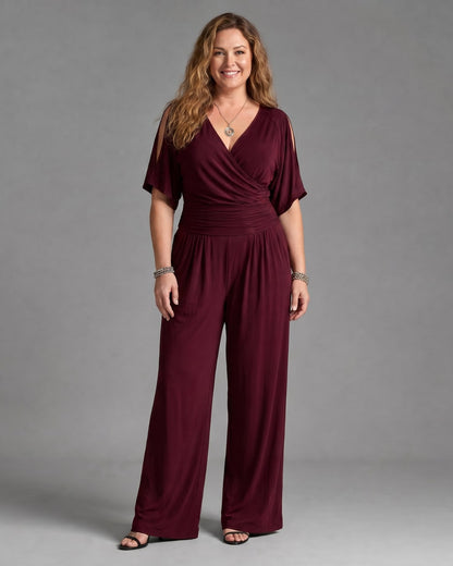 Cold Shoulder Wrap Waist Relaxed Jumpsuit for Women - Burgundy