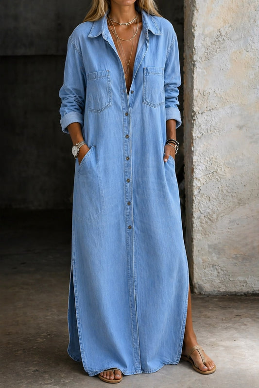 Collared Button-Down Side-Slit Maxi Dress for Women - Light Blue