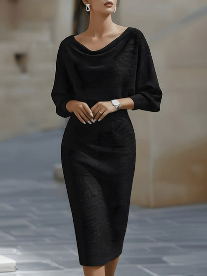 Cowl-Neck Batwing Midi Dress - Black